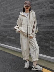 DAZY Striped Side Sleeve Hooded Teddy Jacket,Fall Clothes - Apricot - View 5