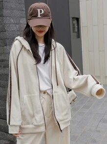 DAZY Striped Side Sleeve Hooded Teddy Jacket,Fall Clothes - Apricot - View 6