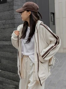 DAZY Striped Side Sleeve Hooded Teddy Jacket,Fall Clothes - Apricot - View 7