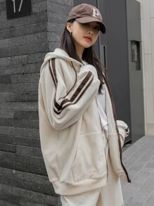 DAZY Striped Side Sleeve Hooded Teddy Jacket,Fall Clothes - Apricot - View 8