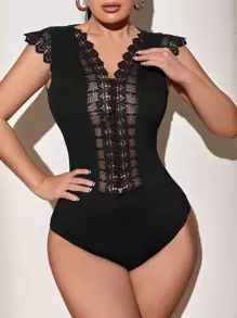 SHEIN SXY Guipure Lace Insert Tie Back Bodysuit Without Bra - Black - View 1