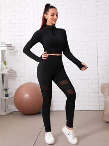 素色插肩袖半開襟拉鏈上衣和網紗拼接緊身打底褲