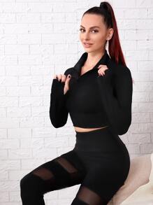 素色插肩袖半開襟拉鏈上衣和網紗拼接緊身打底褲