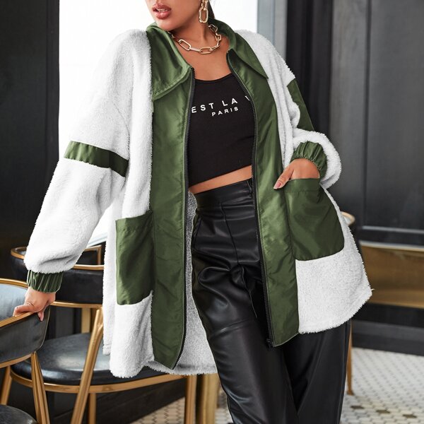 

Contrast Teddy Zip Up Coat, Multicolor