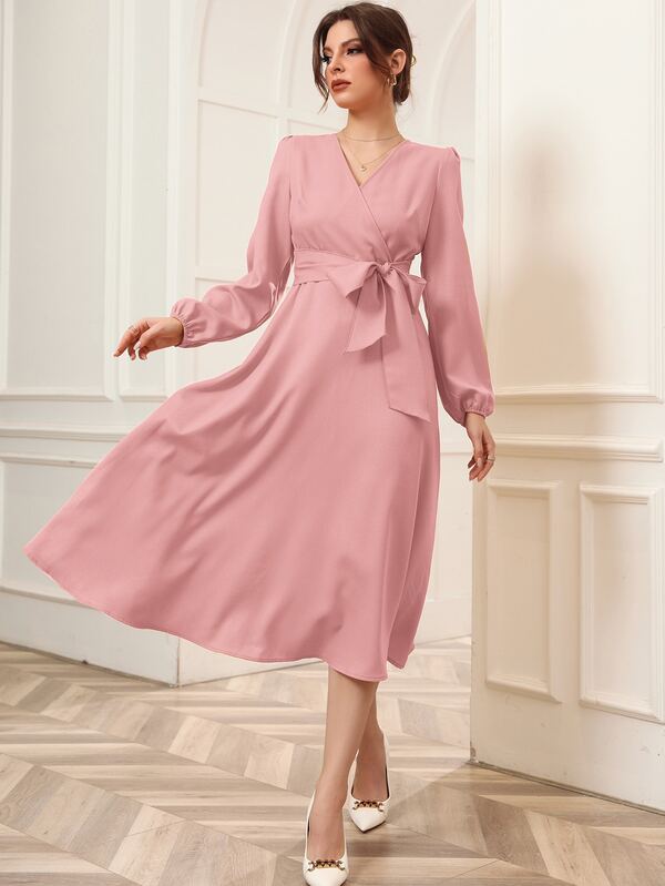 SHEIN Modely Surplice Neck Sleeve Belted Dress SHEIN USA