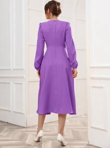 Modelyn 交疊領燈籠袖繫腰帶洋裝