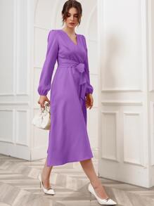 Modelyn 交疊領燈籠袖繫腰帶洋裝