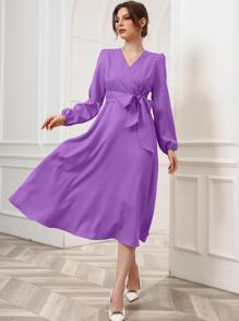 Modelyn 交疊領燈籠袖繫腰帶洋裝