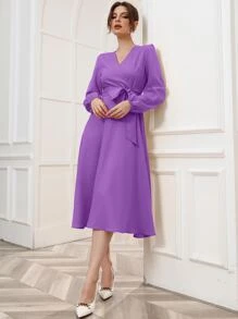 Modelyn 交疊領燈籠袖繫腰帶洋裝