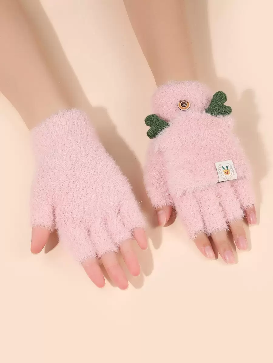 Guantes con estampado de dibujos animados mullidos - Rosa - Ver 1
