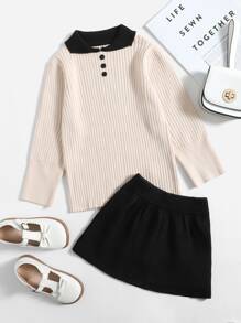 Áo len hai dây bé gái Nút Tương phản ren Gân đan Khối Màu Ăn mặc đẹp - Nhiều màu - Xem 1