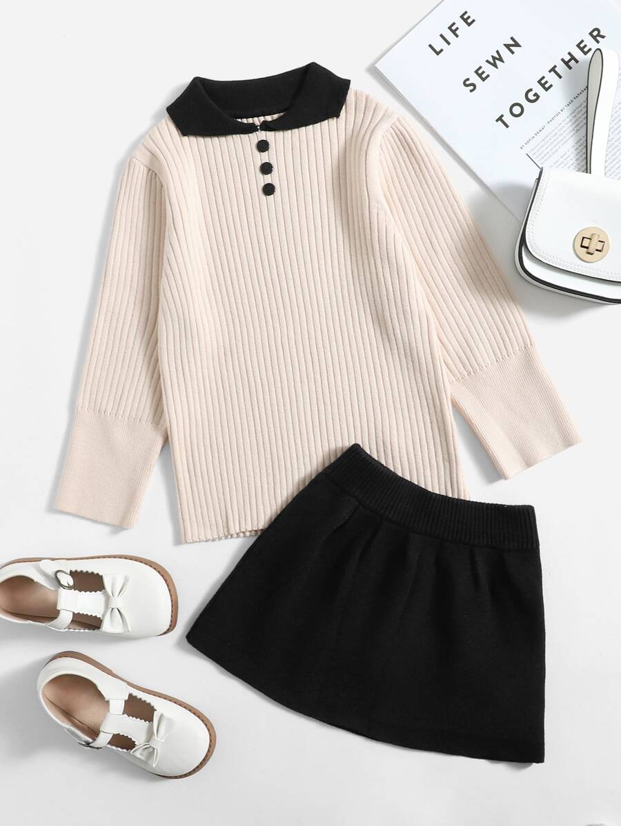 Áo len hai dây bé gái Nút Tương phản ren Gân đan Khối Màu Ăn mặc đẹp - Nhiều màu - Xem 1