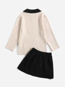 Áo len hai dây bé gái Nút Tương phản ren Gân đan Khối Màu Ăn mặc đẹp - Nhiều màu - Xem 2