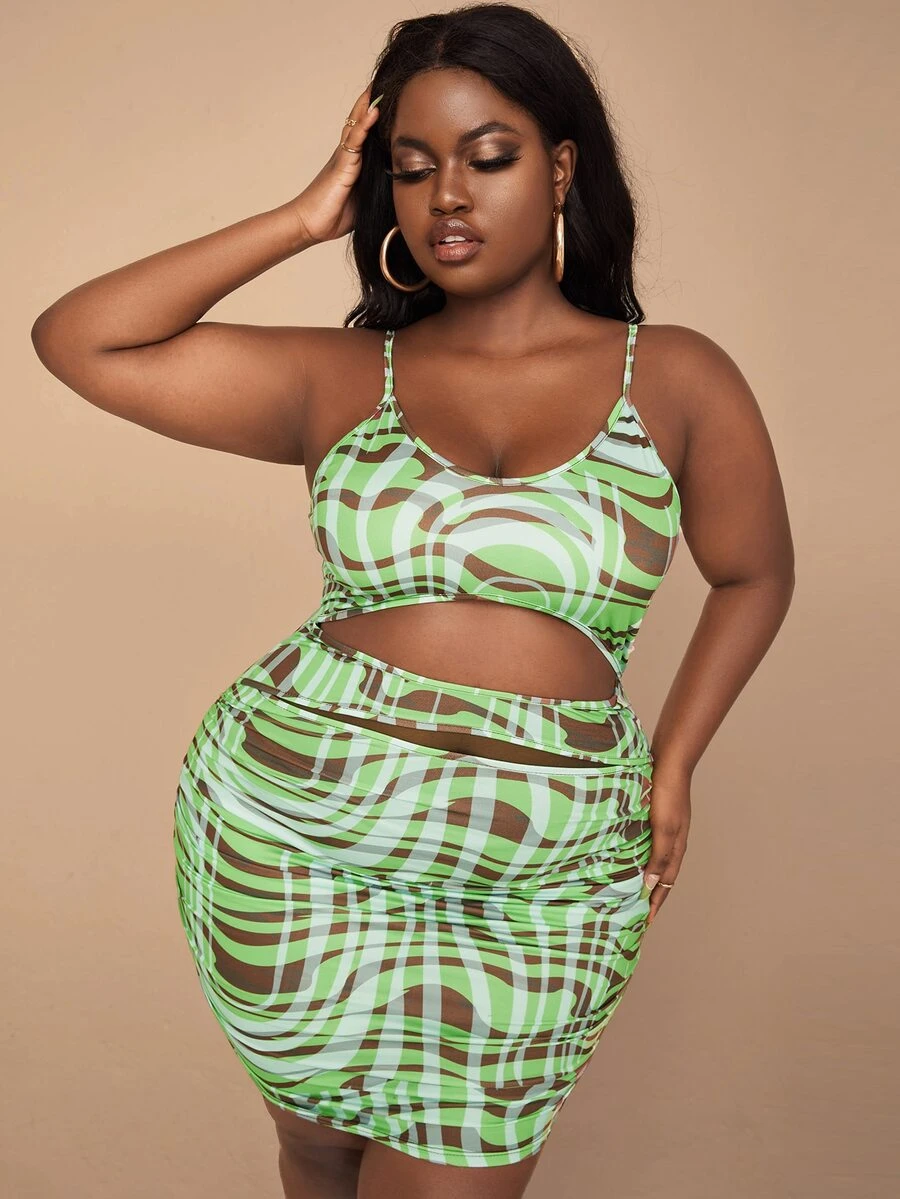 SHEIN SXY Đầm Plus Size Cắt ra Xù Tất cả trên in Gợi cảm - Nhiều màu - Xem 1