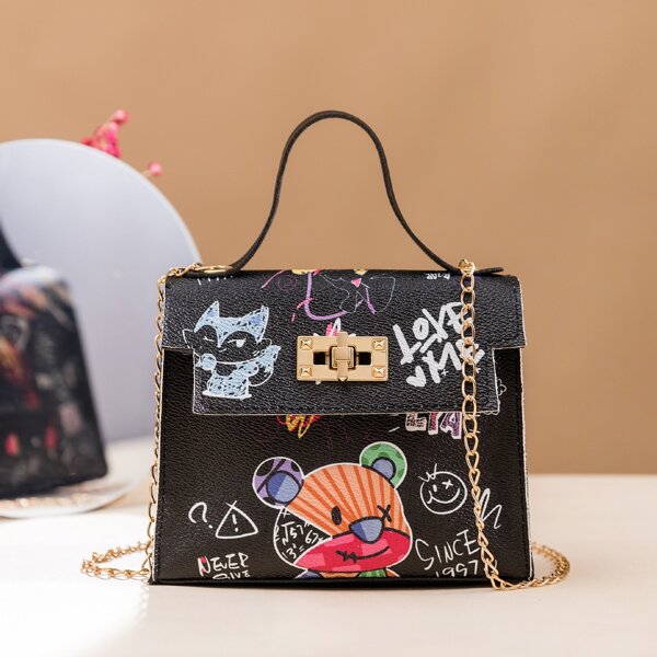 

Cartoon Graphic Toggle Lock Chain Square Bag, Multicolor