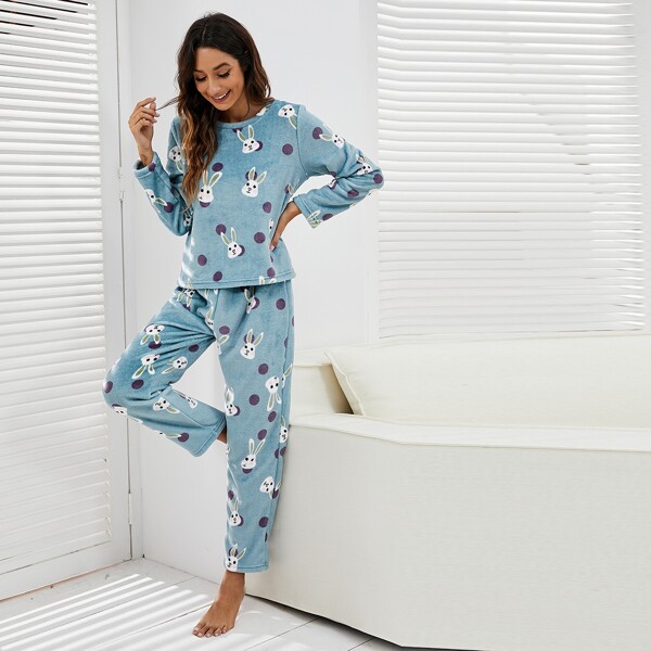 

Rabbit Print Flannel Pajama Set, Blue