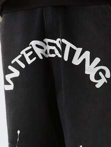 男士字母和潑濺圖案印花破洞貼布細節牛仔褲 - 黑色 - 查看 3