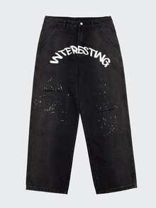 男士字母和潑濺圖案印花破洞貼布細節牛仔褲 - 黑色 - 查看 5