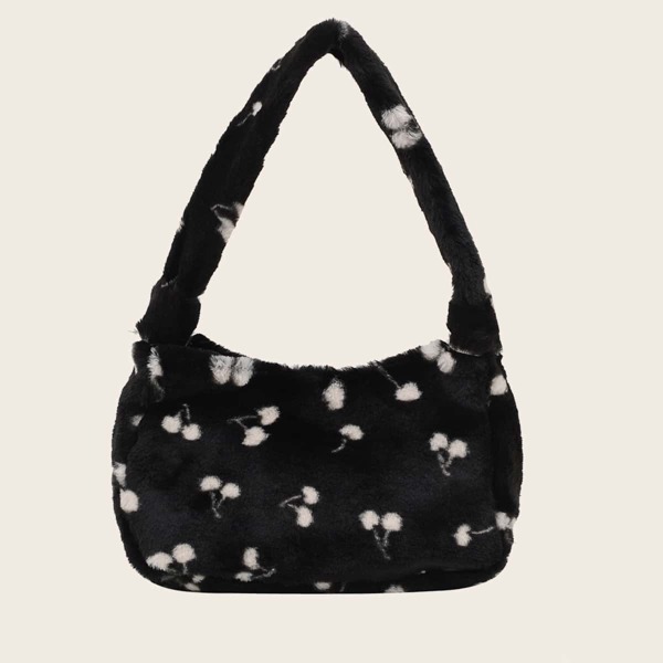 

Girls Cherry Graphic Fuzzy Square Bag, Black