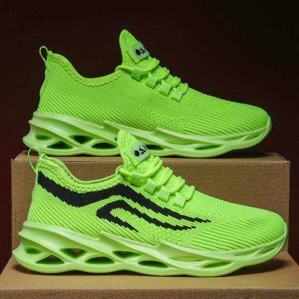 

Men Lace Up Decor Knit Chunky Sneakers, Green