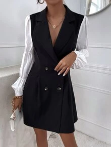 燈籠袖雙排釦西裝洋裝