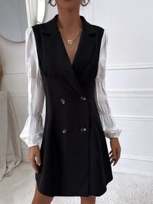 燈籠袖雙排釦西裝洋裝