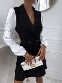 燈籠袖雙排釦西裝洋裝