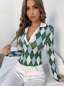 SHEIN Privé Argyle Print Polo Neck Tee - Multicolor - View 4