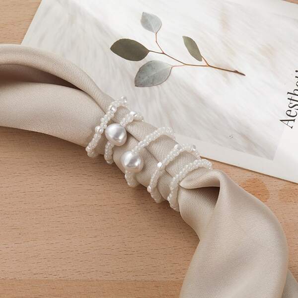 

5pcs Faux Pearl Decor Beaded Ring, White