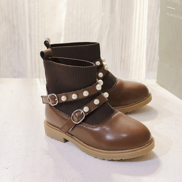 

Girls Faux Pearl Decor Panel Design Sock Boots, Brown