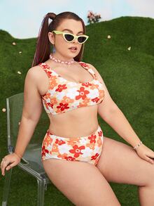 Plus Size Floral Print Bikini Set Summer Beach - Multicolor - View 3