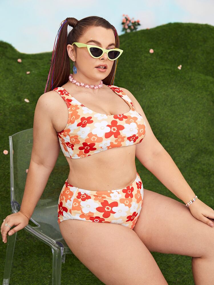 Plus Size Floral Print Bikini Set Summer Beach - Multicolor - View 3