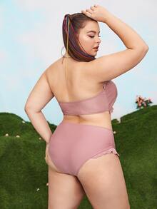 Plus Size Plain Frill Trim Bandeau Bikini Set Summer Beach - Dusty Pink - View 2