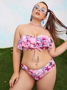 Conjunto de bikini Bandeau con estampado de mariposas y ribete de volantes de talla grande para verano en la playa
