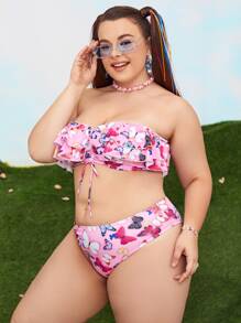 Conjunto de bikini Bandeau con estampado de mariposas y ribete de volantes de talla grande para verano en la playa
