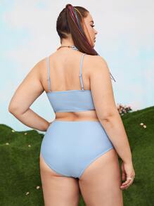 Plus Size Plain Square Ring Decor Bikini Set Summer Beach - Baby Blue - View 2