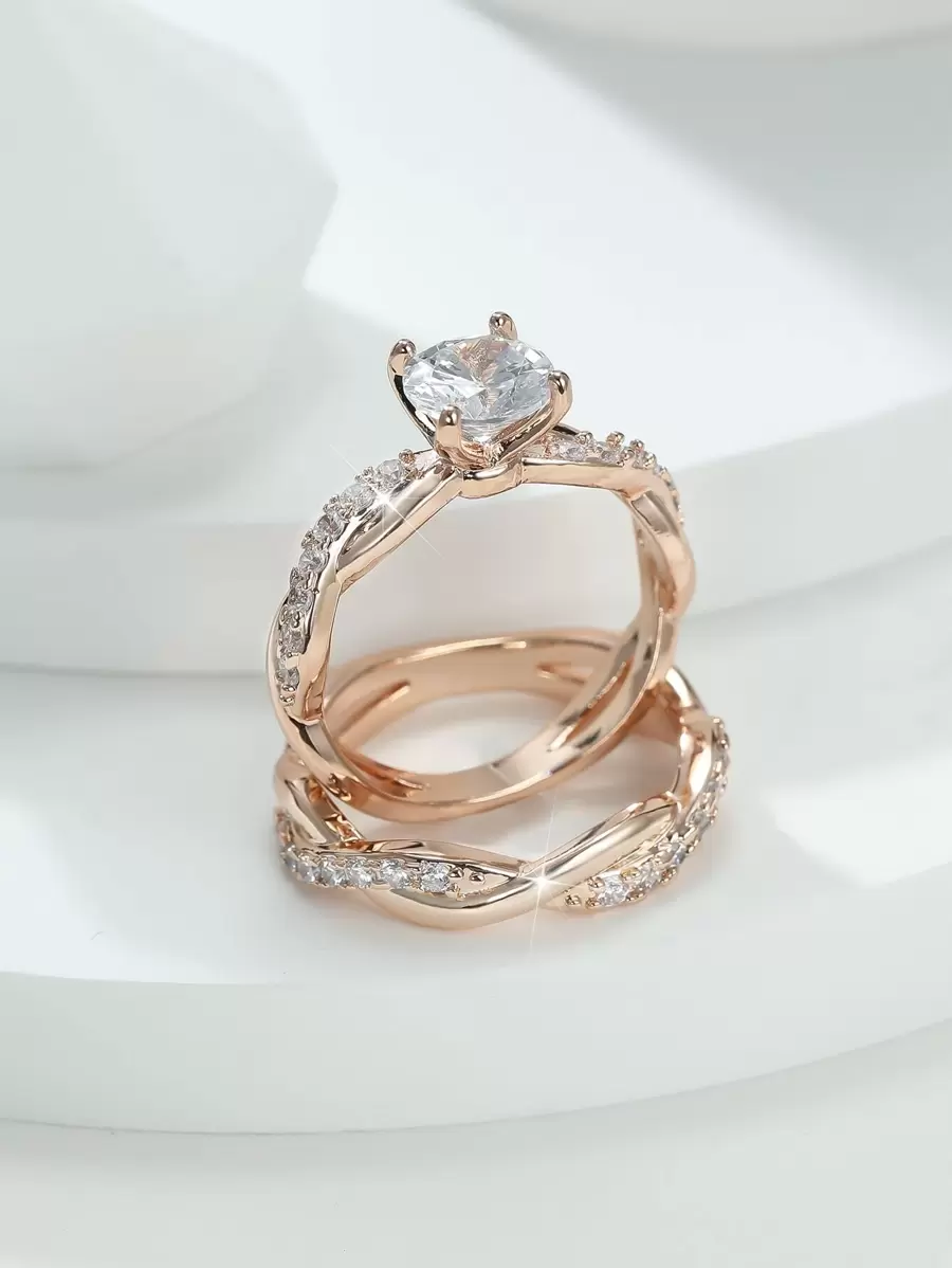 2pcs/set Gorgeous Crossed Four-prong Cubic Zirconia Decorated Ring In Palace Style, Perfect For Weddings, Banquets, Parties, Etc. - Rose Gold - View 1