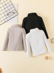SHEIN Young Girl 3pcs Turtleneck Lettuce Trim Ribbed Knit Tee - Multicolor - View 2