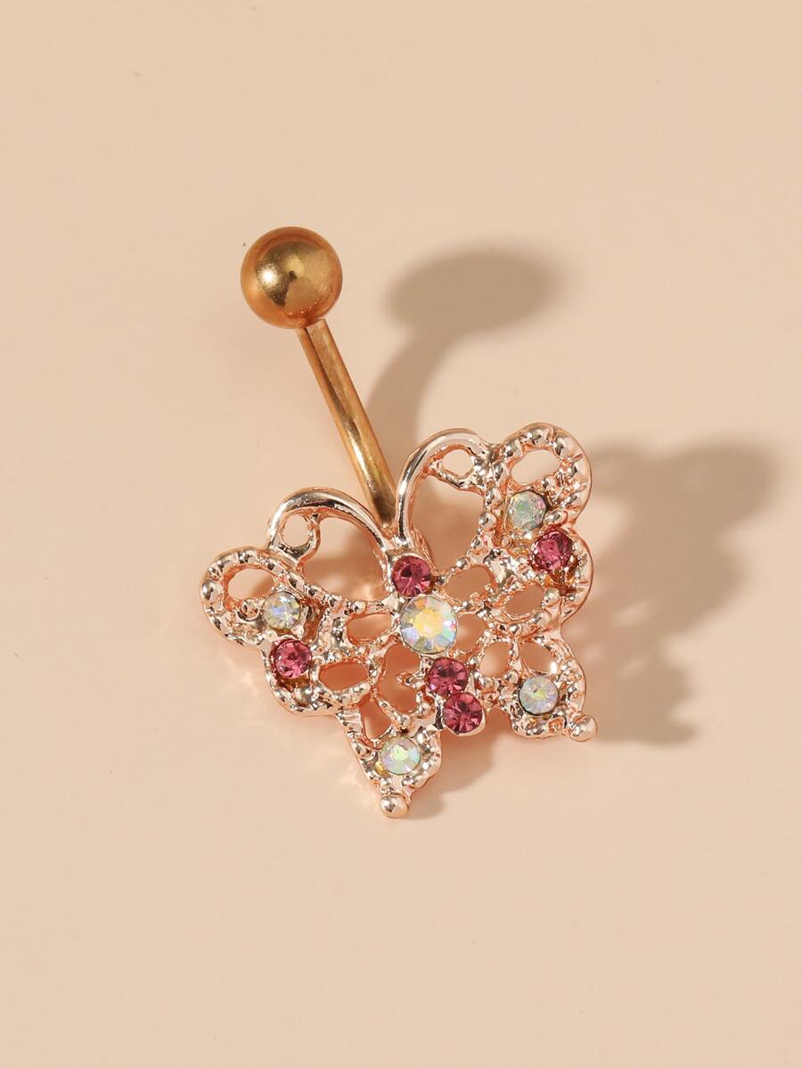 Anillo para el ombligo con decoración de mariposa y diamantes de imitación para hombre y mujer, Piercing falso hipoalergénico para hombre y mujer, regalo de joyería para el cuerpo sin necesidad de Piercing - Multicolor - Ver 1