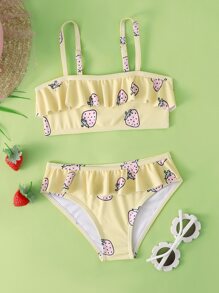 Young Girl Strawberry Print Ruffle Trim Bikini Set Summer Beach - Yellow - View 1