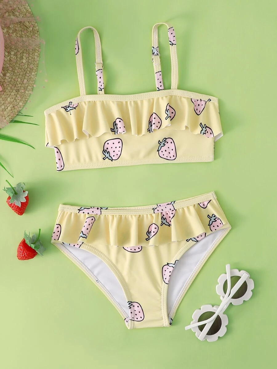Young Girl Strawberry Print Ruffle Trim Bikini Set Summer Beach - Yellow - View 1