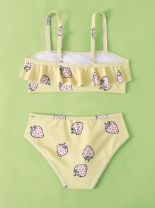 Young Girl Strawberry Print Ruffle Trim Bikini Set Summer Beach - Yellow - View 2