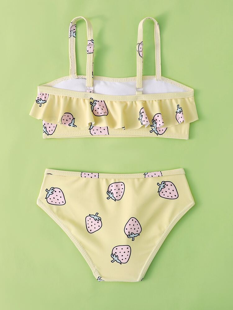 Young Girl Strawberry Print Ruffle Trim Bikini Set Summer Beach - Yellow - View 2