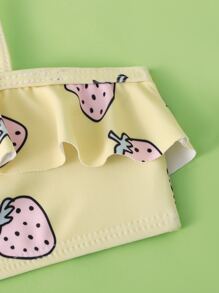 Young Girl Strawberry Print Ruffle Trim Bikini Set Summer Beach - Yellow - View 3
