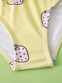 Young Girl Strawberry Print Ruffle Trim Bikini Set Summer Beach - Yellow - View 4