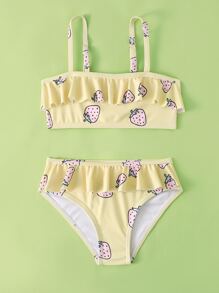 Young Girl Strawberry Print Ruffle Trim Bikini Set Summer Beach - Yellow - View 5