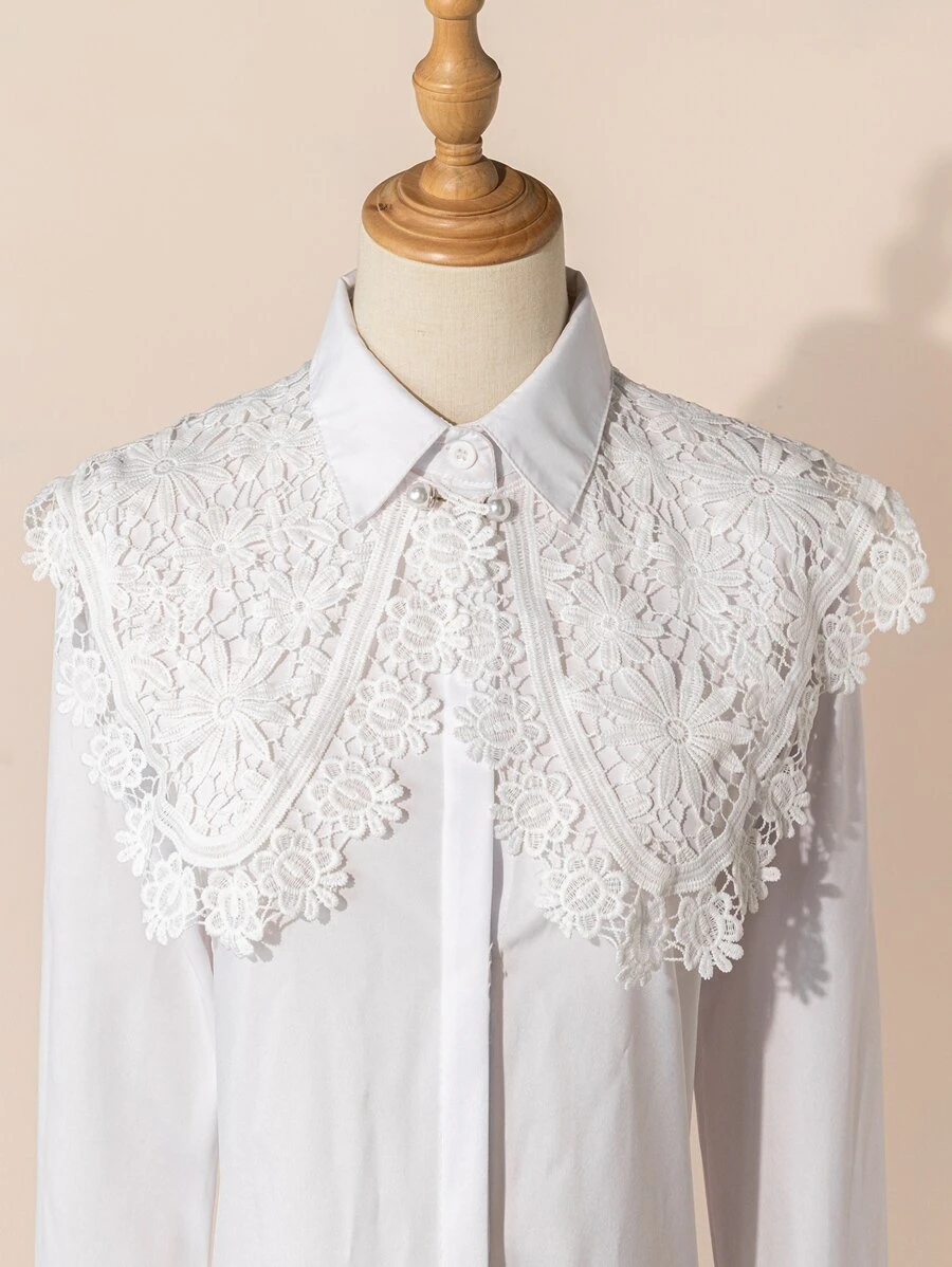 花朵圖案蕾絲假領子 - 白色 - 查看 1