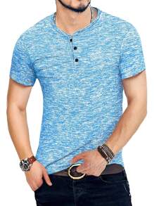 Hombres Camiseta jaspeado botón cuarto - Azul - Ver 1