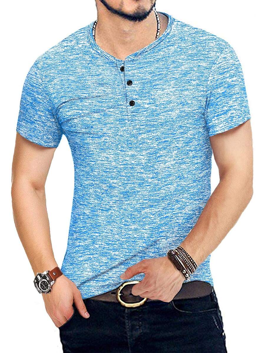 Hombres Camiseta jaspeado botón cuarto - Azul - Ver 1
