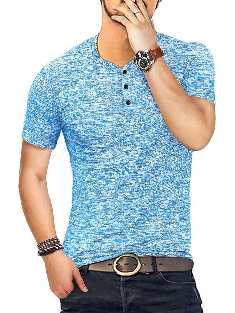 Hombres Camiseta jaspeado botón cuarto - Azul - Añade 3